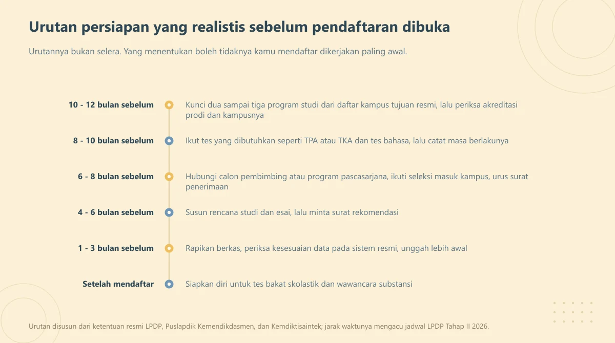 Lini masa persiapan beasiswa S2 dari 10 sampai 12 bulan sebelum pendaftaran sampai setelah mendaftar