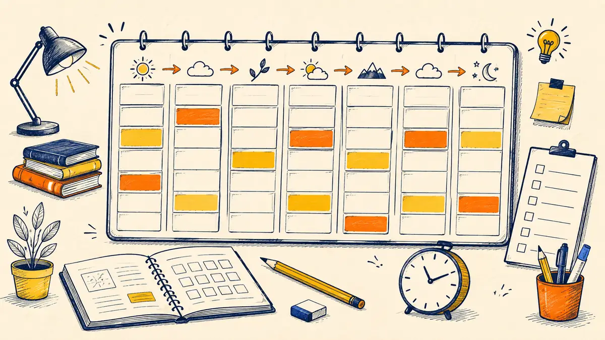 Ilustrasi jadwal latihan soal mingguan dengan blok waktu tiap hari