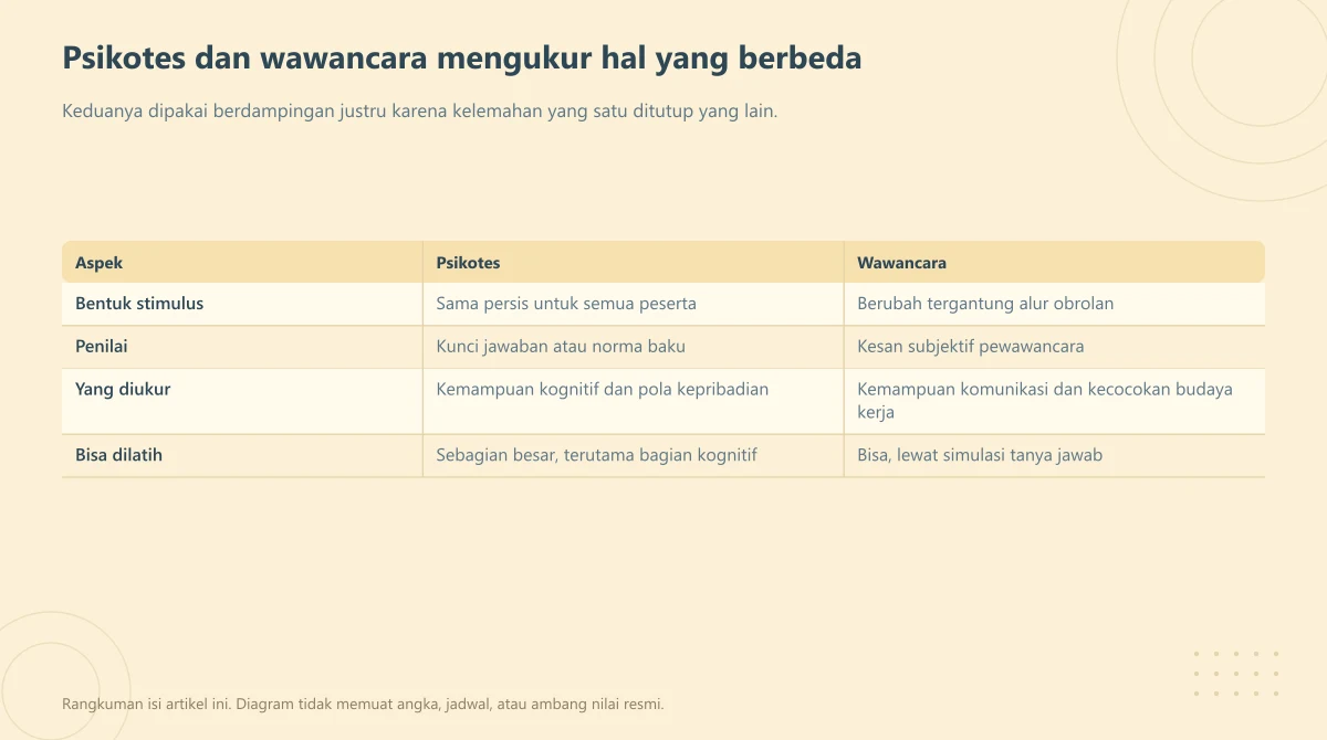 Tabel perbandingan empat aspek psikotes dan wawancara kerja