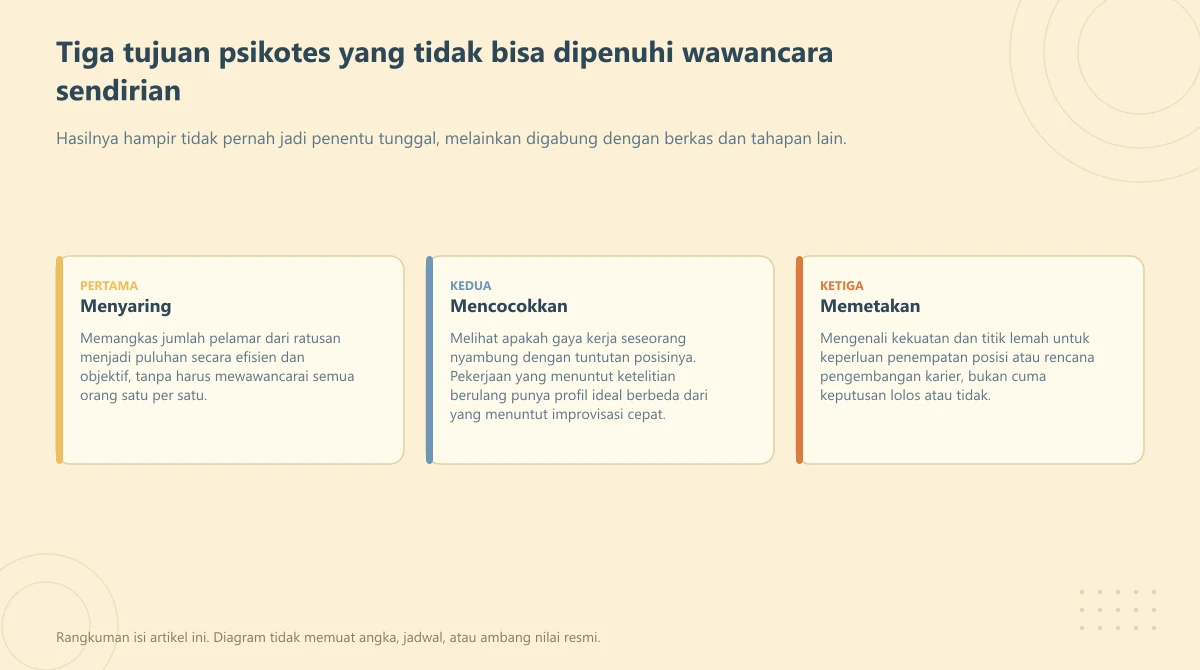 Tiga kartu berisi tujuan psikotes: menyaring, mencocokkan, dan memetakan