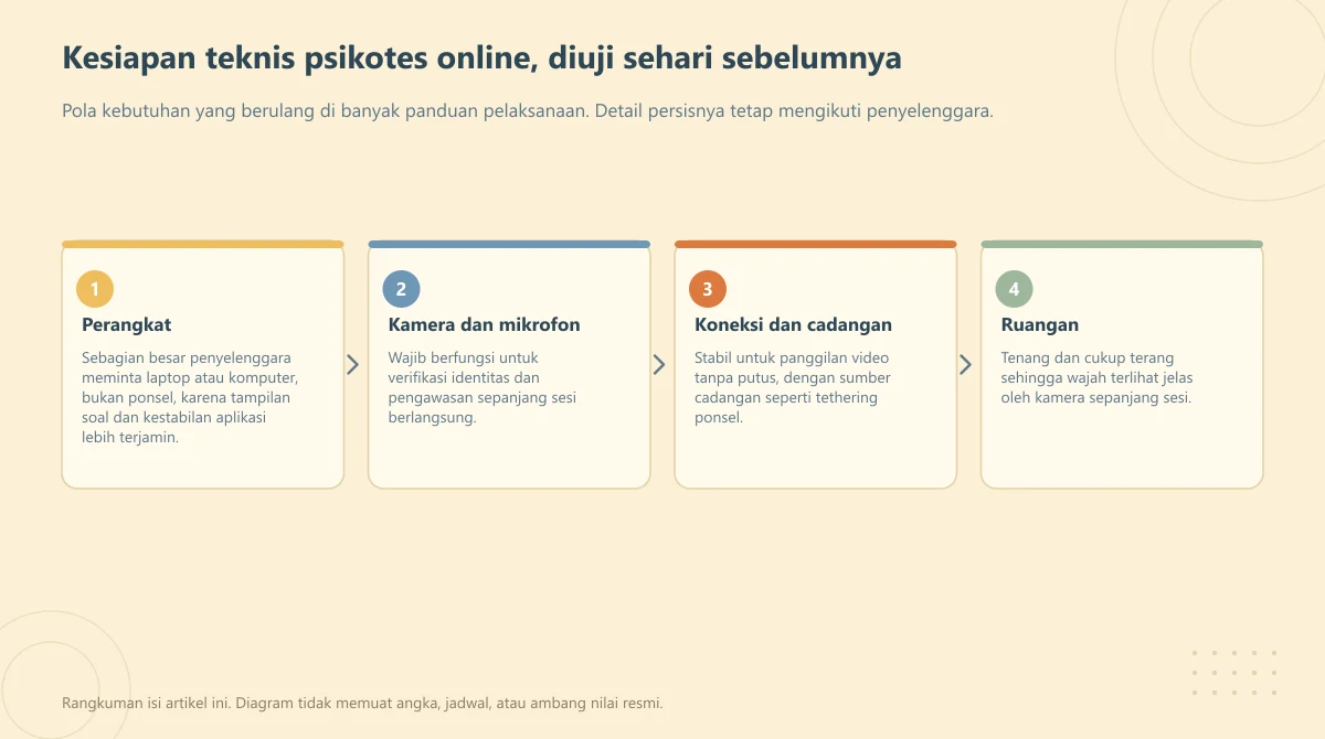Diagram alur empat kesiapan teknis sebelum psikotes online: perangkat, kamera dan mikrofon, koneksi, dan ruangan