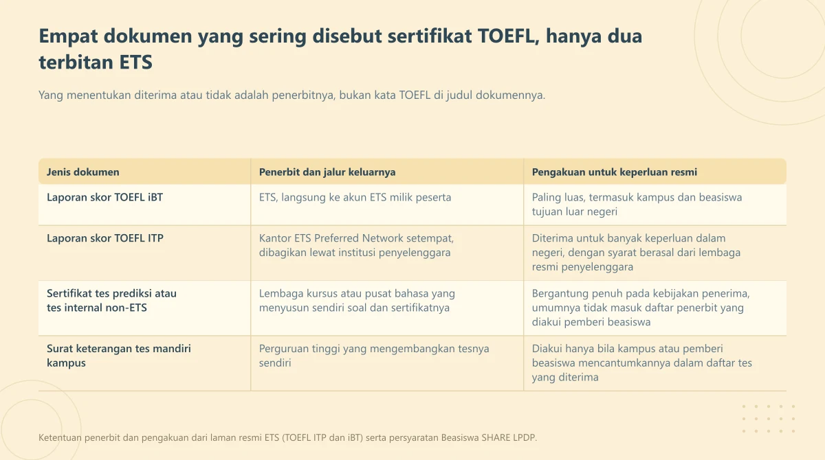 Tabel empat jenis dokumen yang sering disebut sertifikat TOEFL beserta penerbit dan tingkat pengakuannya