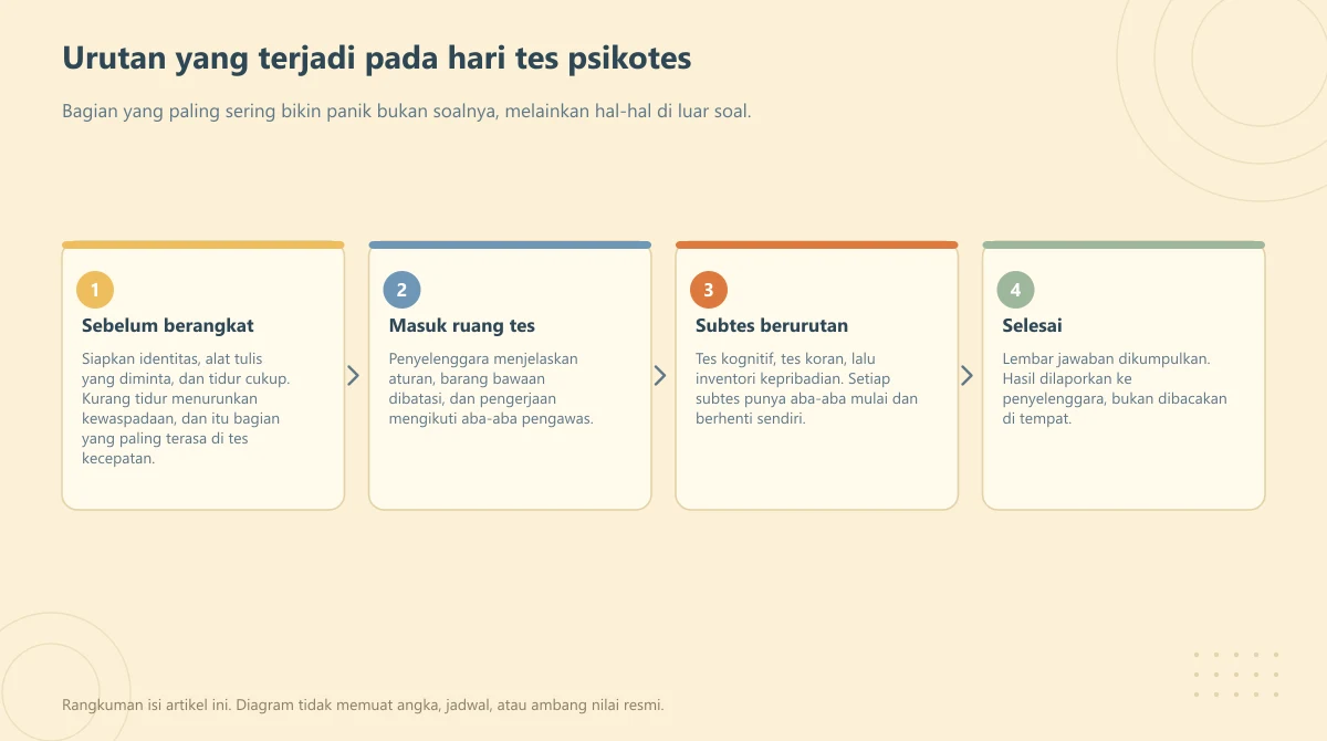 Diagram alur empat tahap hari tes psikotes dari sebelum berangkat sampai selesai