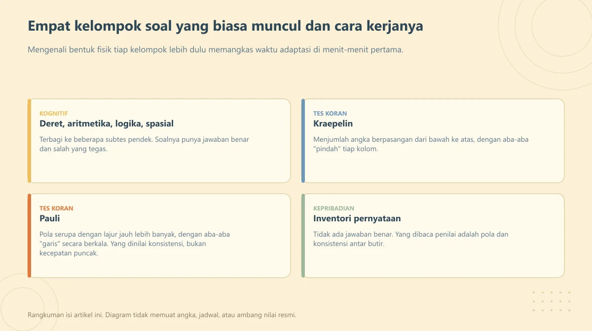 Empat kartu kelompok soal psikotes: kognitif, Kraepelin, Pauli, dan inventori kepribadian
