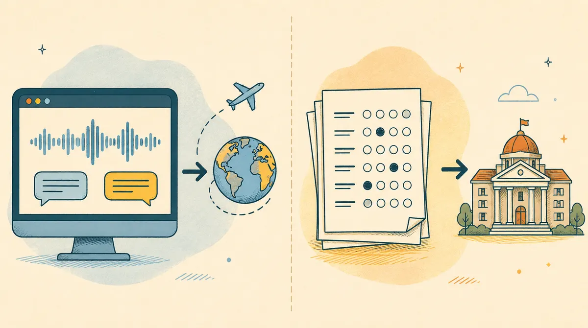 Diagram perbandingan TOEFL iBT berbasis internet dan TOEFL ITP berbasis kertas beserta tujuan pemakaiannya
