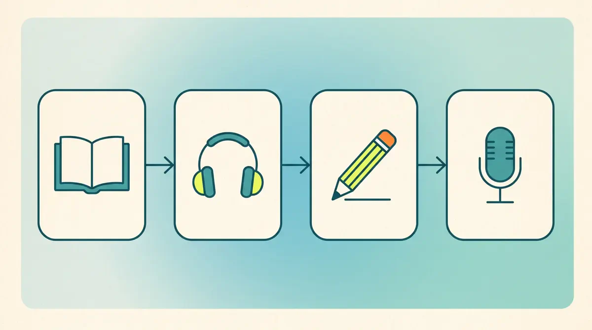 Diagram alur empat section TOEFL iBT: Reading, Listening, Writing, dan Speaking